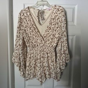 NWOT Pink Lily Tan Bell Sleeve Floral Romper